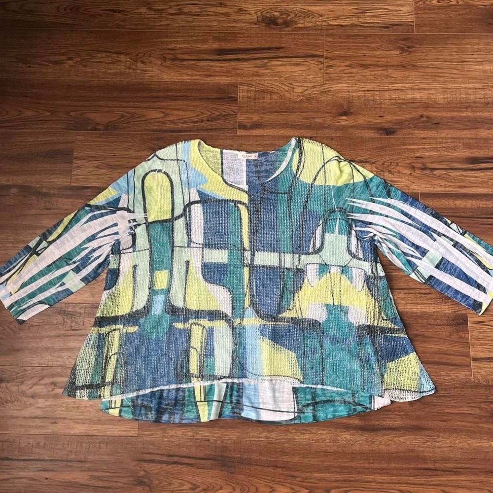 Jess & Jane Abstract Art Print Top Crinkle Knit 3/4 Sleeve Blouse Women 3X Boho